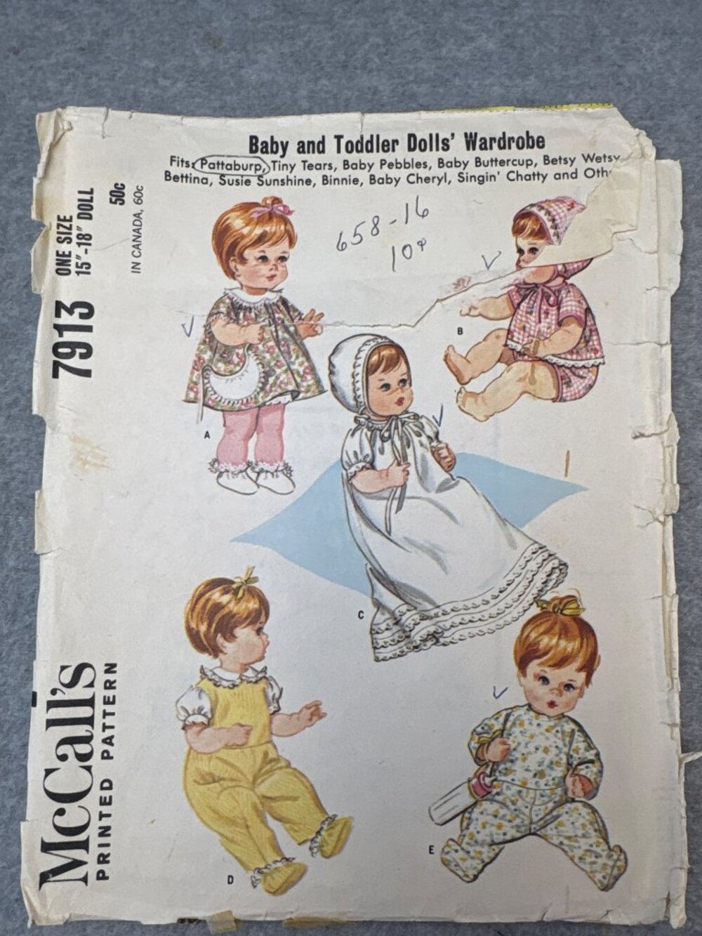McCalls Baby Toddler Dolls Wardrobe Pattern 7913 Size 15" 16" 18" Doll 1965